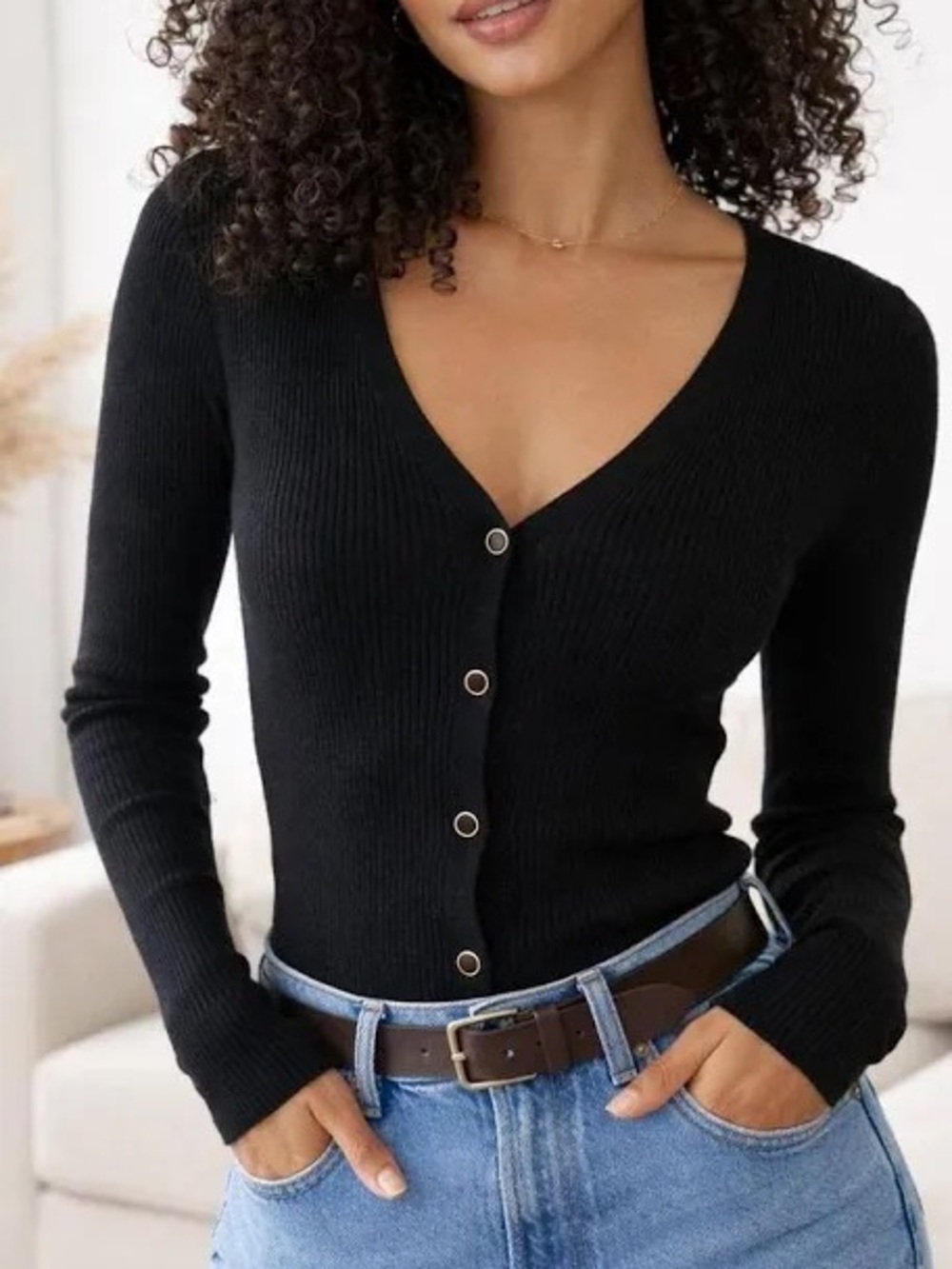 Wilfred Black Ribbed V-Neck Button-Up Sweater